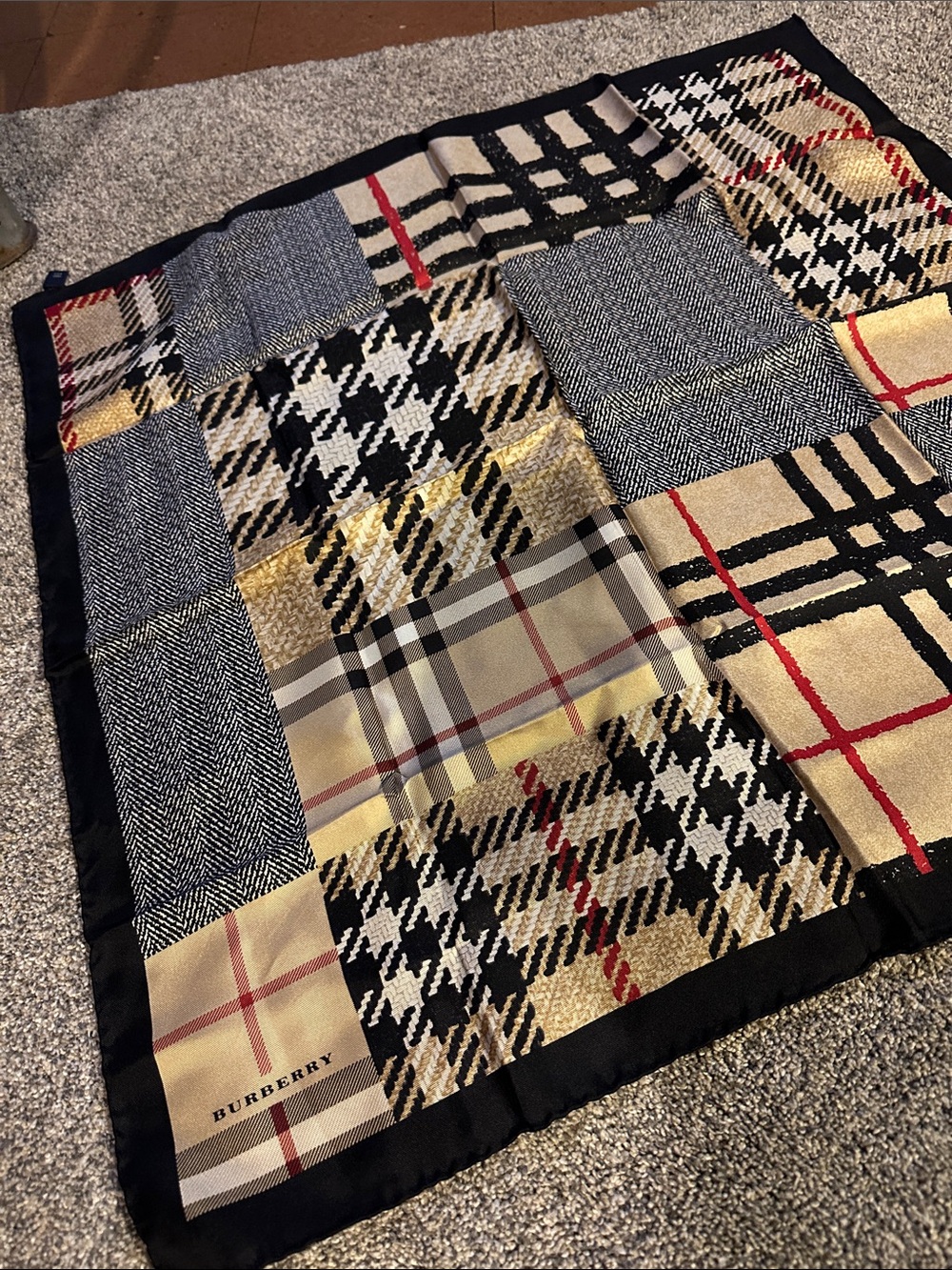 Burberry Patchwork Plaid Silk Scarve in Beige, Black, Gold, Red